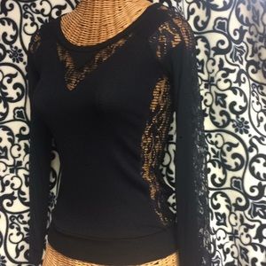 Bebe Black Ribbed Blouse Lace Sleeves sz s